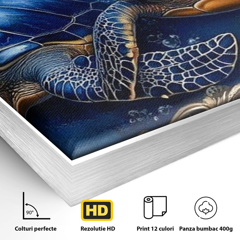 Detaliu al suprafetei: tablou canvas cu doua testoase marine, in rama de aluminiu argintiu